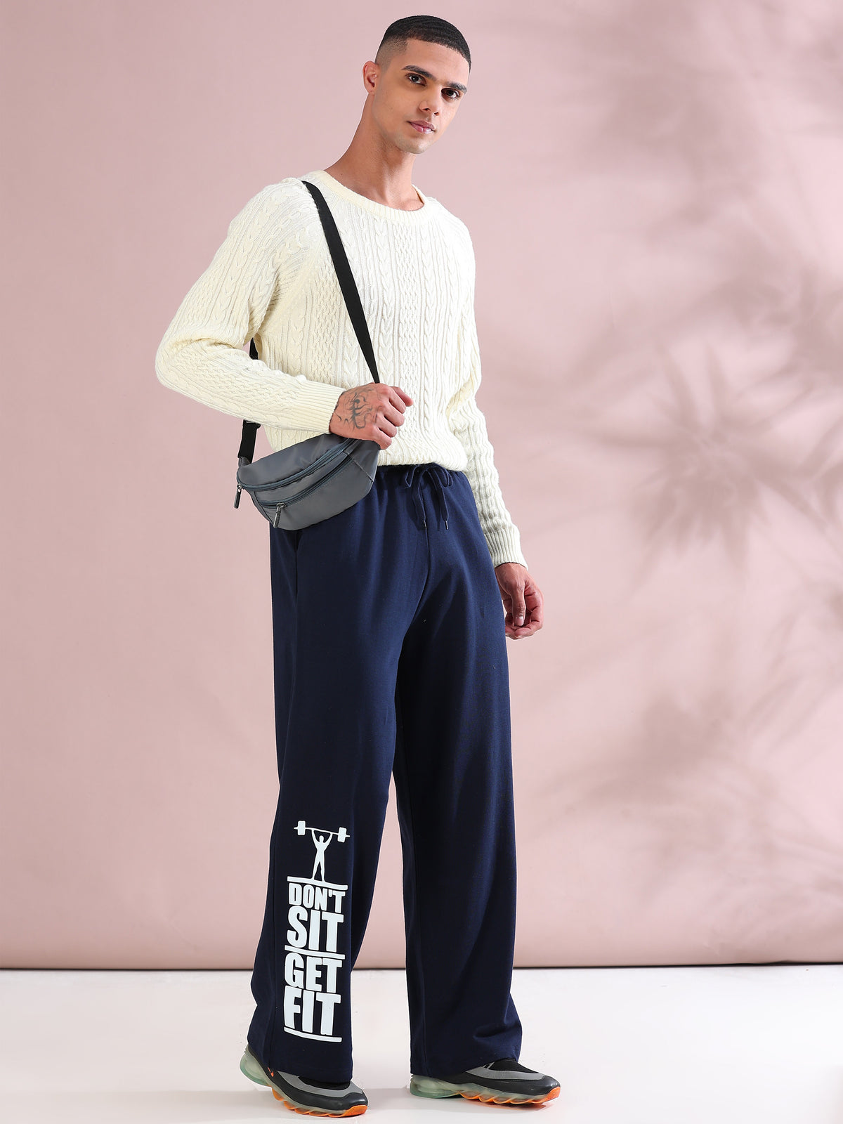ARDEUR ZEAL IN YOU Mens Navy Cotton Blend Don't Sit Get Fit Printed Baggy Fit Track Pants