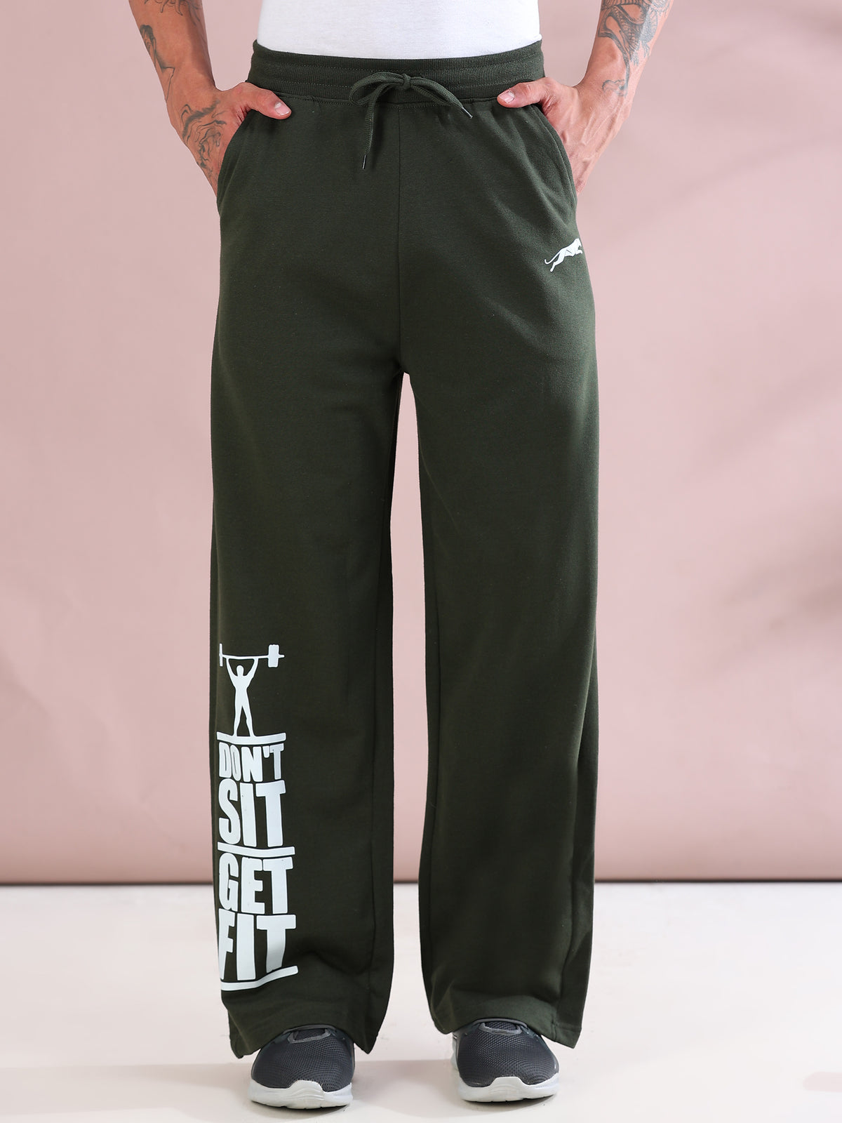 ARDEUR ZEAL IN YOU Mens Olive Cotton Blend Don't Sit Get Fit Printed Baggy Fit Track Pants