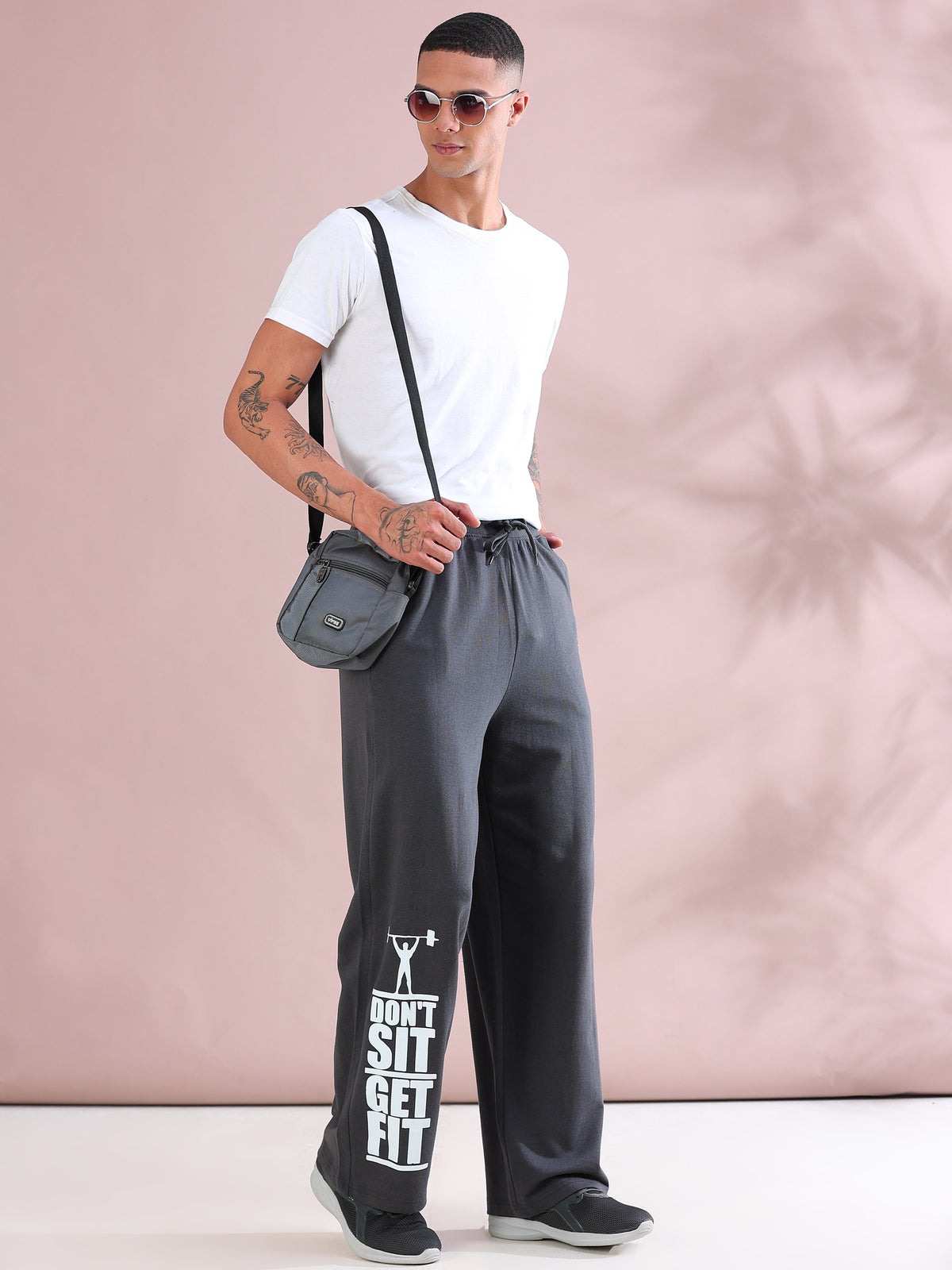 ARDEUR ZEAL IN YOU Mens Steel Grey Cotton Blend Don't Sit Get Fit Printed Baggy Fit Track Pants