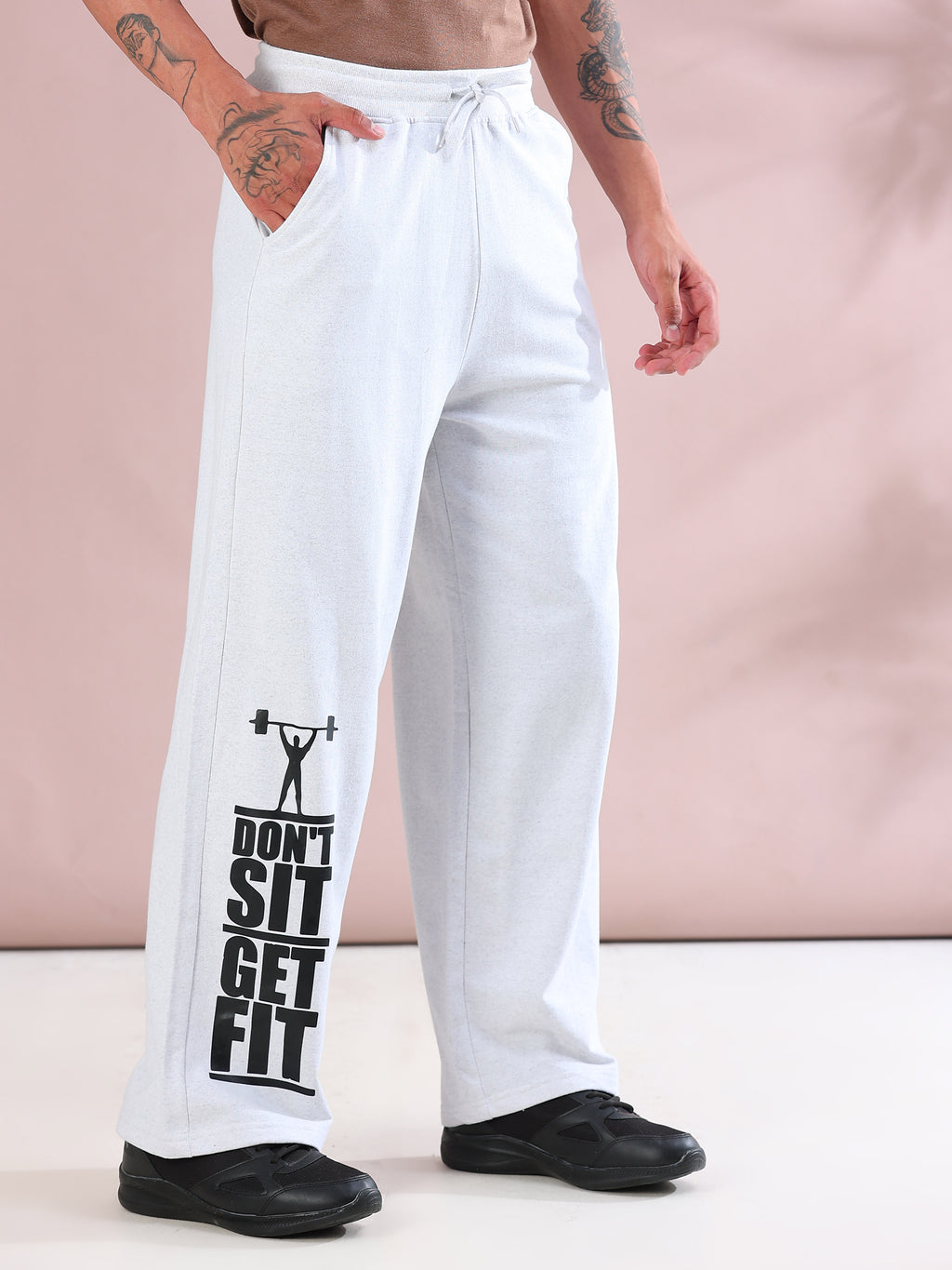 ARDEUR ZEAL IN YOU Mens White Melange Cotton Blend Don't Sit Get Fit Printed Baggy Fit Track Pants