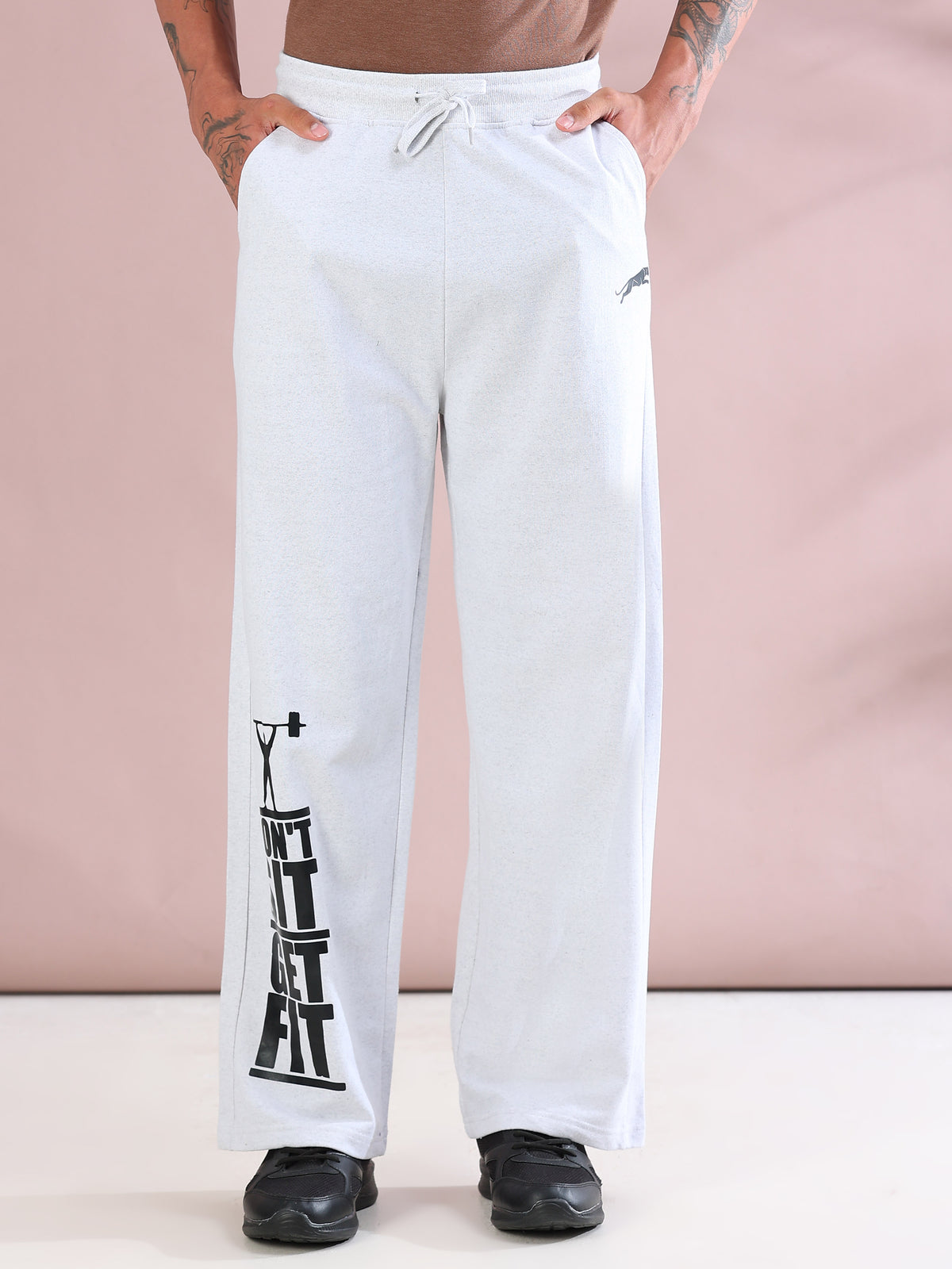 ARDEUR ZEAL IN YOU Mens White Melange Cotton Blend Don't Sit Get Fit Printed Baggy Fit Track Pants