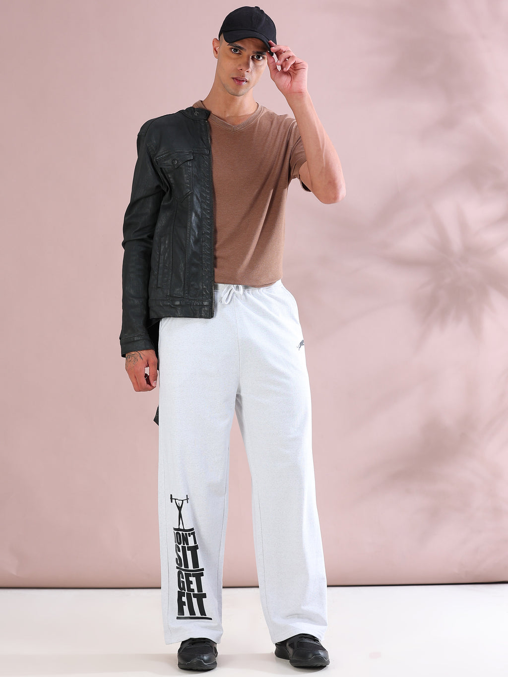 ARDEUR ZEAL IN YOU Mens White Melange Cotton Blend Don't Sit Get Fit Printed Baggy Fit Track Pants