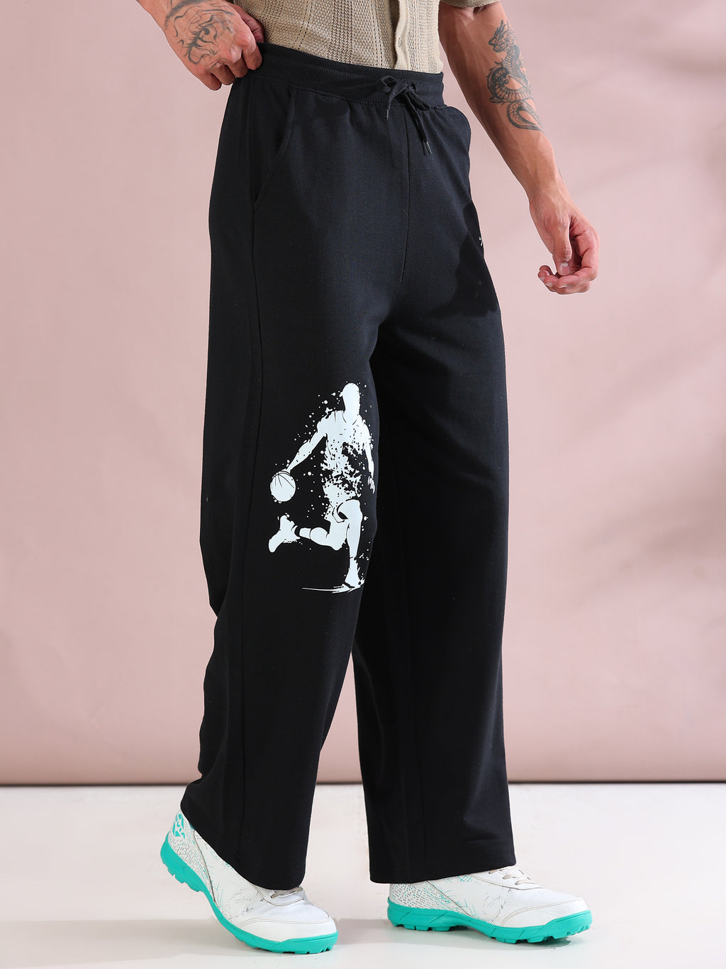 ARDEUR ZEAL IN YOU Mens Black Cotton Blend Basketball Printed Baggy Fit Track Pants