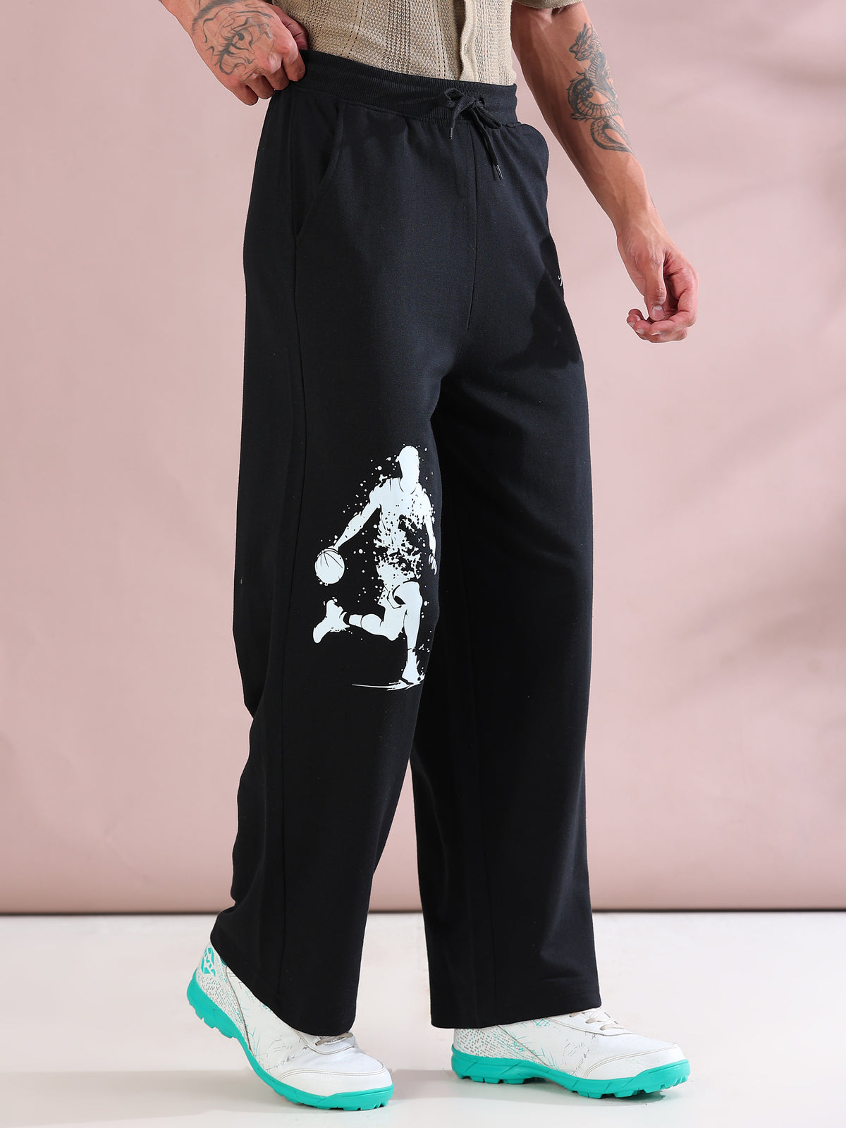 ARDEUR ZEAL IN YOU Mens Black Cotton Blend Basketball Printed Baggy Fit Track Pants