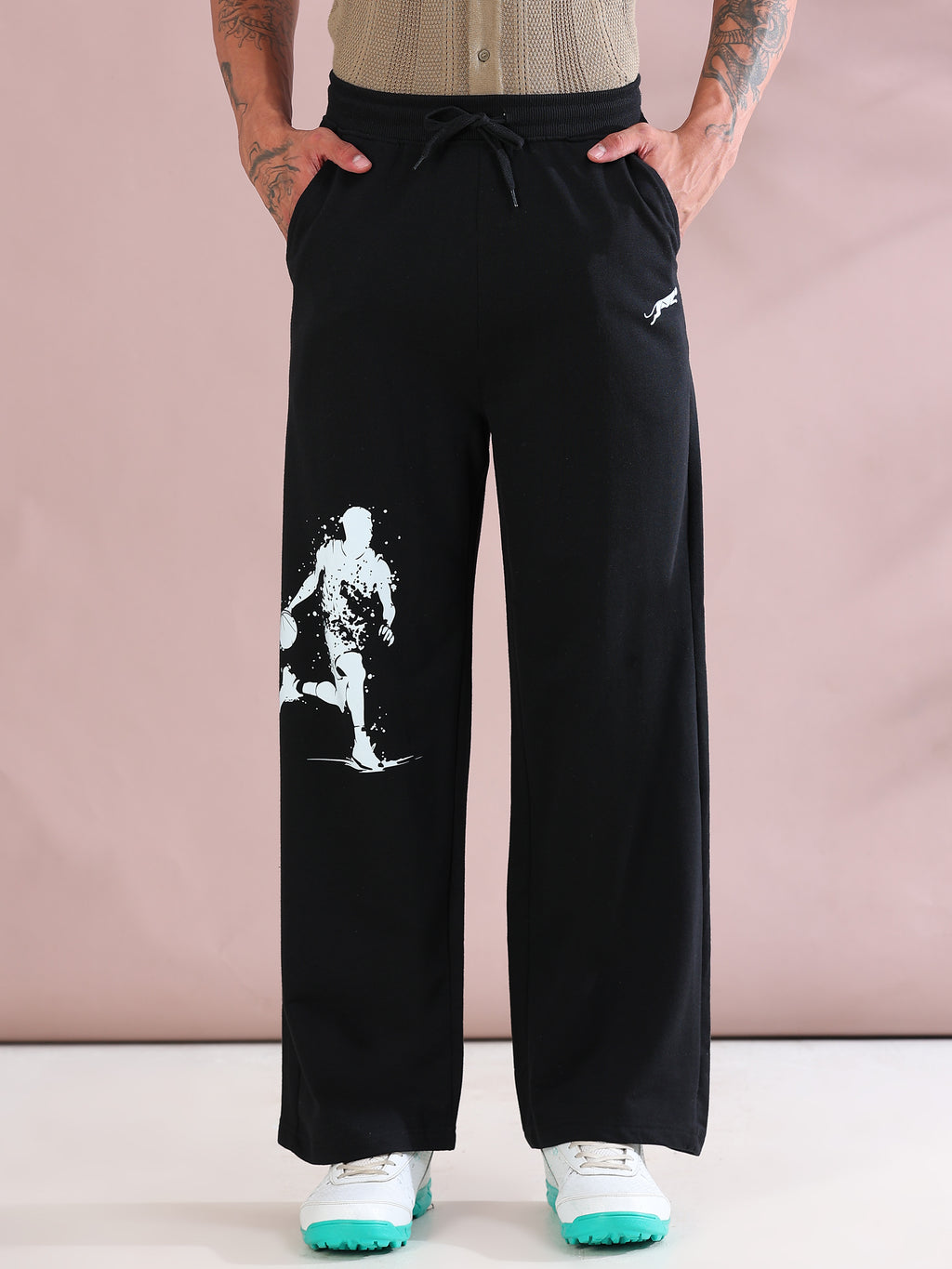 ARDEUR ZEAL IN YOU Mens Black Cotton Blend Basketball Printed Baggy Fit Track Pants