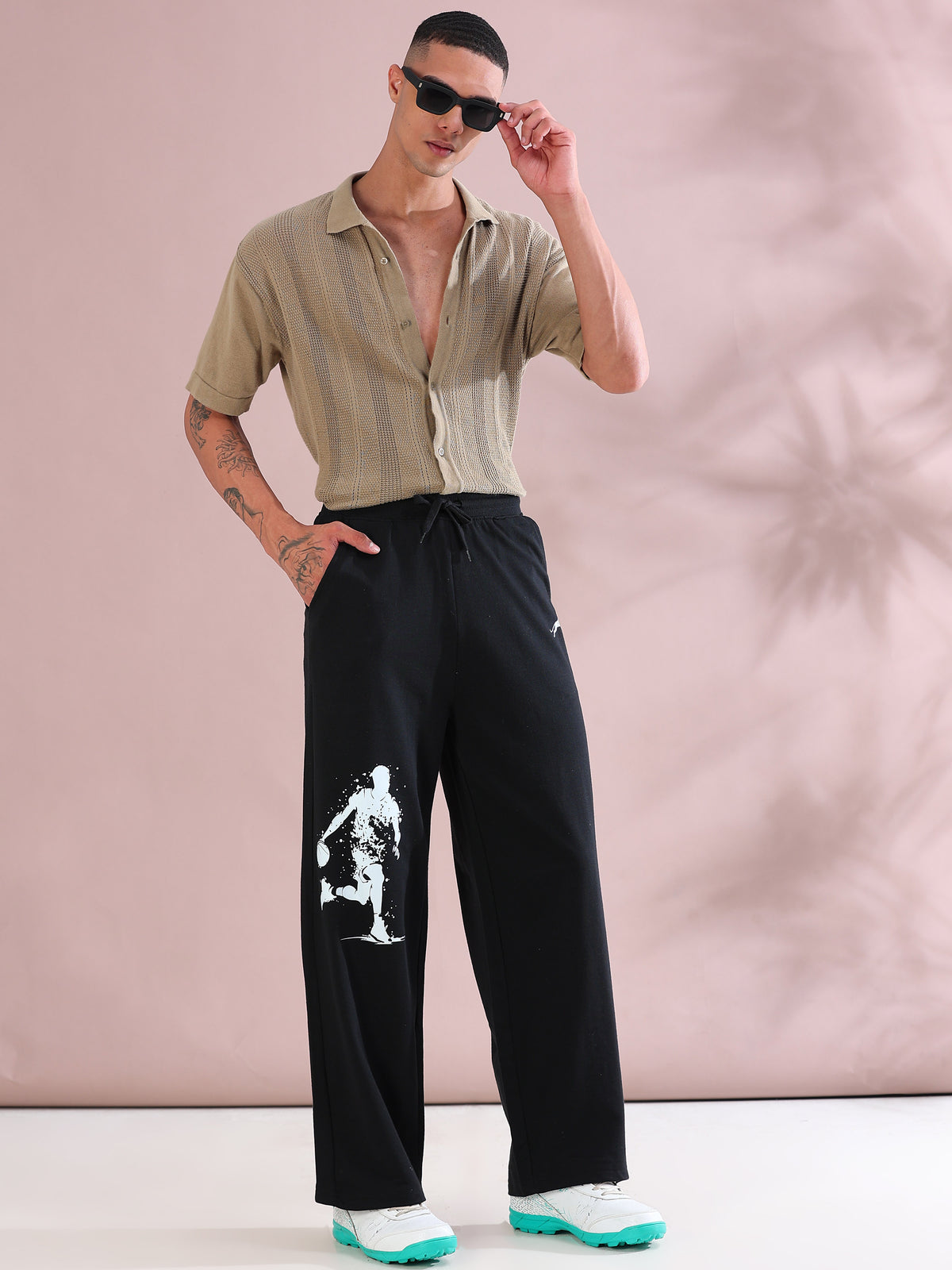 ARDEUR ZEAL IN YOU Mens Black Cotton Blend Basketball Printed Baggy Fit Track Pants