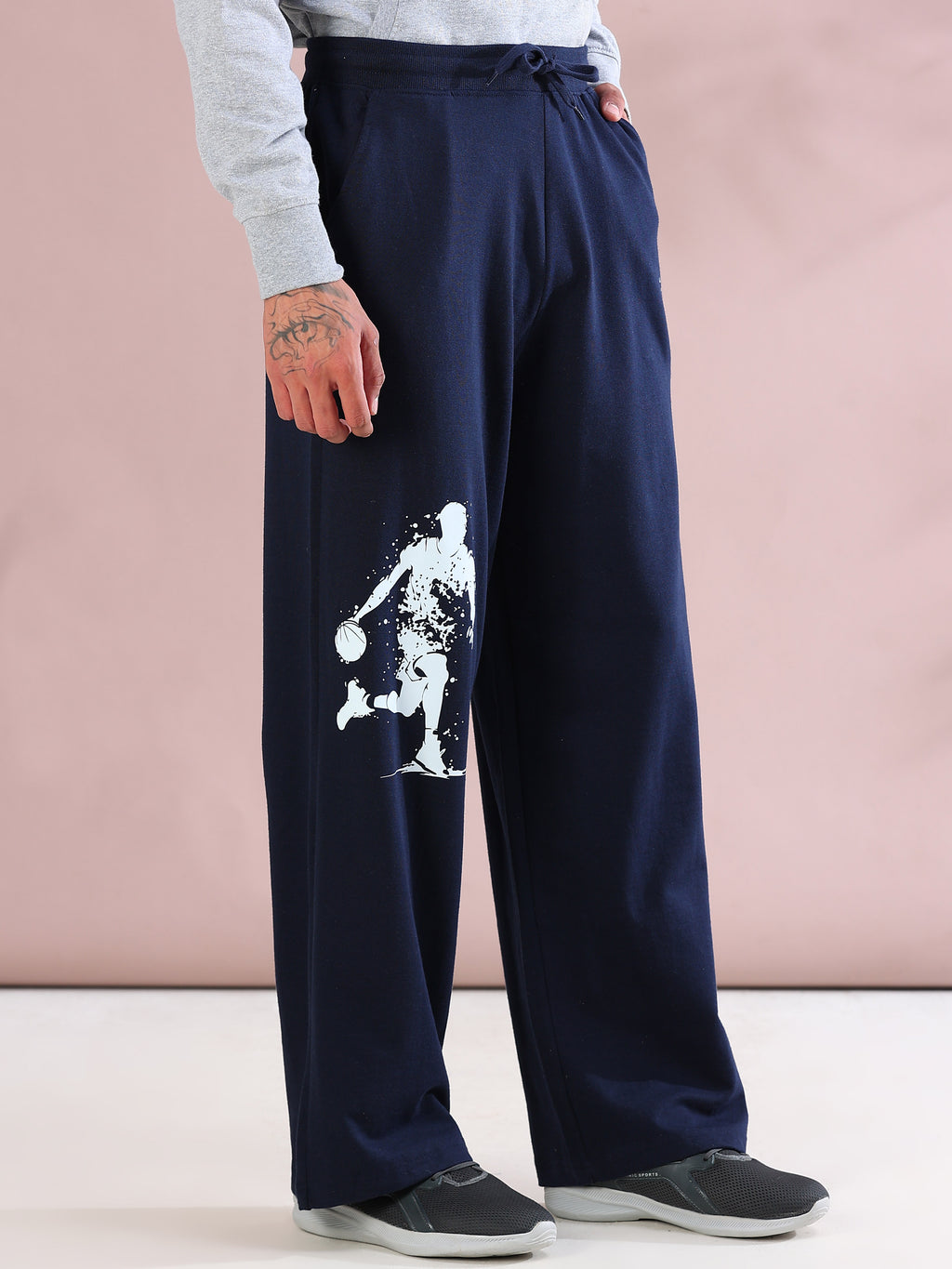 ARDEUR ZEAL IN YOU Mens Navy Cotton Blend Basketball Printed Baggy Fit Track Pants
