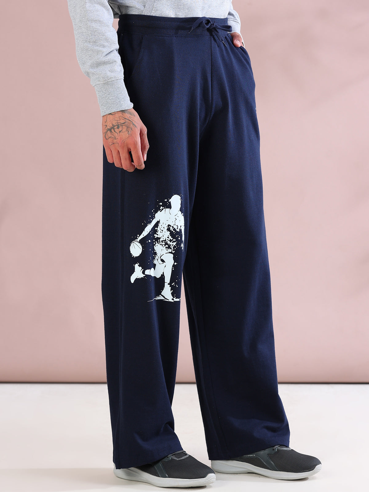 ARDEUR ZEAL IN YOU Mens Navy Cotton Blend Basketball Printed Baggy Fit Track Pants