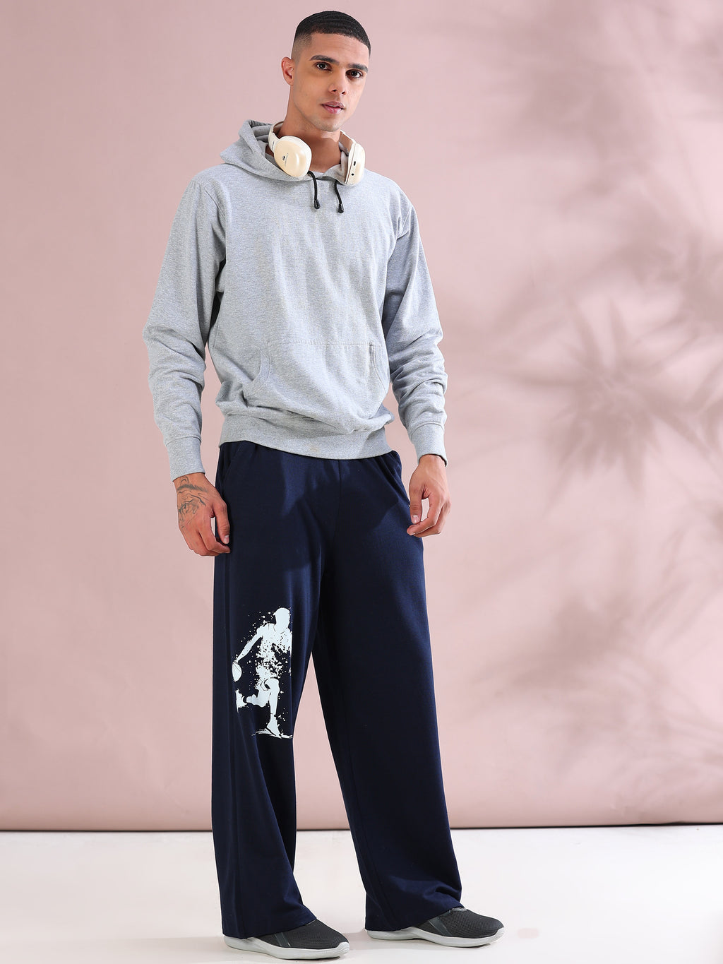 ARDEUR ZEAL IN YOU Mens Navy Cotton Blend Basketball Printed Baggy Fit Track Pants