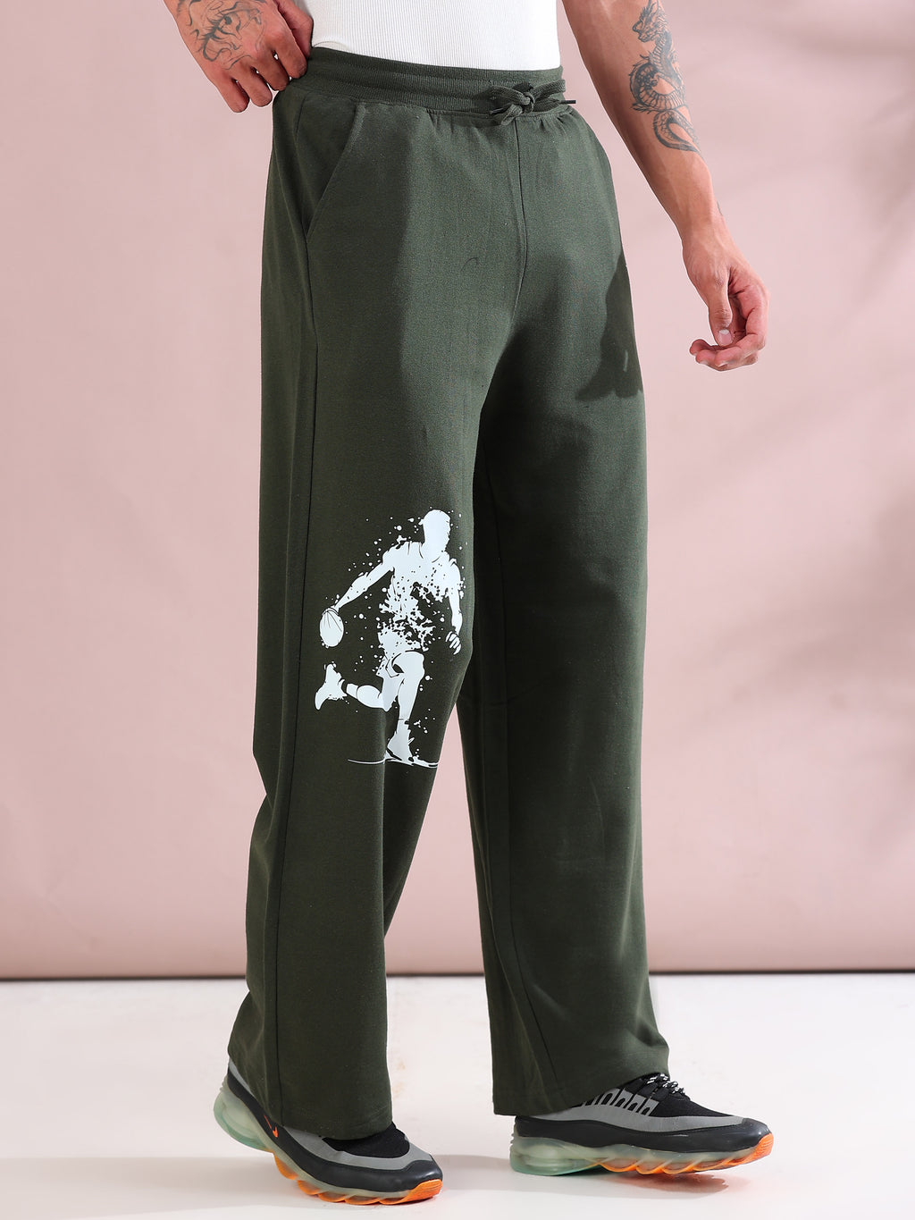 ARDEUR ZEAL IN YOU Mens Olive Cotton Blend Basketball Printed Baggy Fit Track Pants