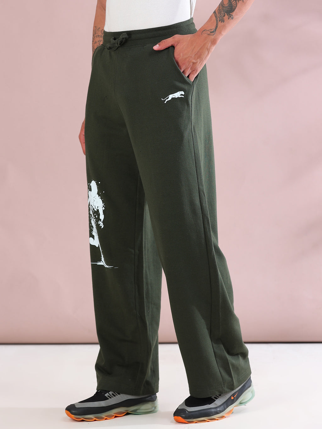 ARDEUR ZEAL IN YOU Mens Olive Cotton Blend Basketball Printed Baggy Fit Track Pants