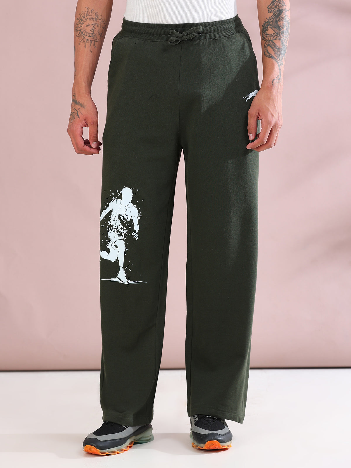 ARDEUR ZEAL IN YOU Mens Olive Cotton Blend Basketball Printed Baggy Fit Track Pants