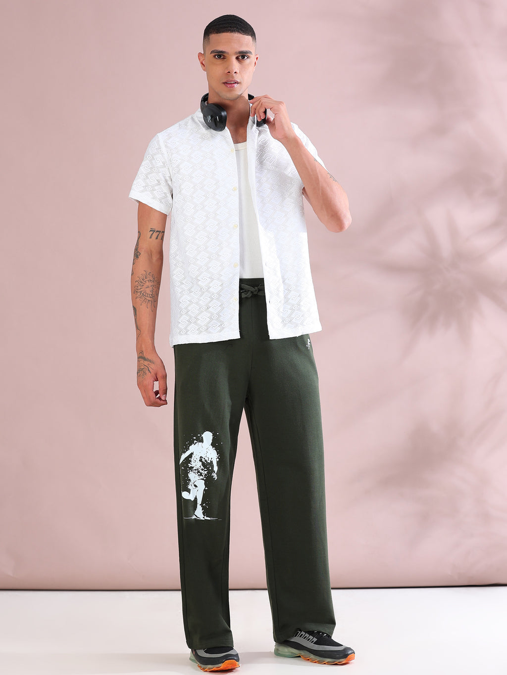 ARDEUR ZEAL IN YOU Mens Olive Cotton Blend Basketball Printed Baggy Fit Track Pants