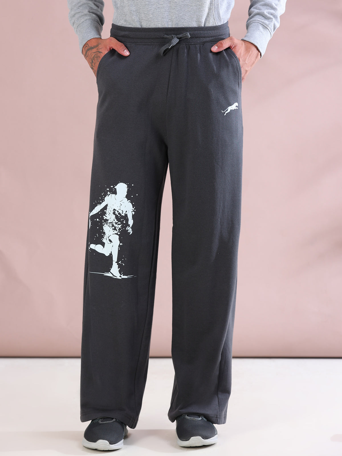 ARDEUR ZEAL IN YOU Mens Steel Grey Cotton Blend Basketball Printed Baggy Fit Track Pants