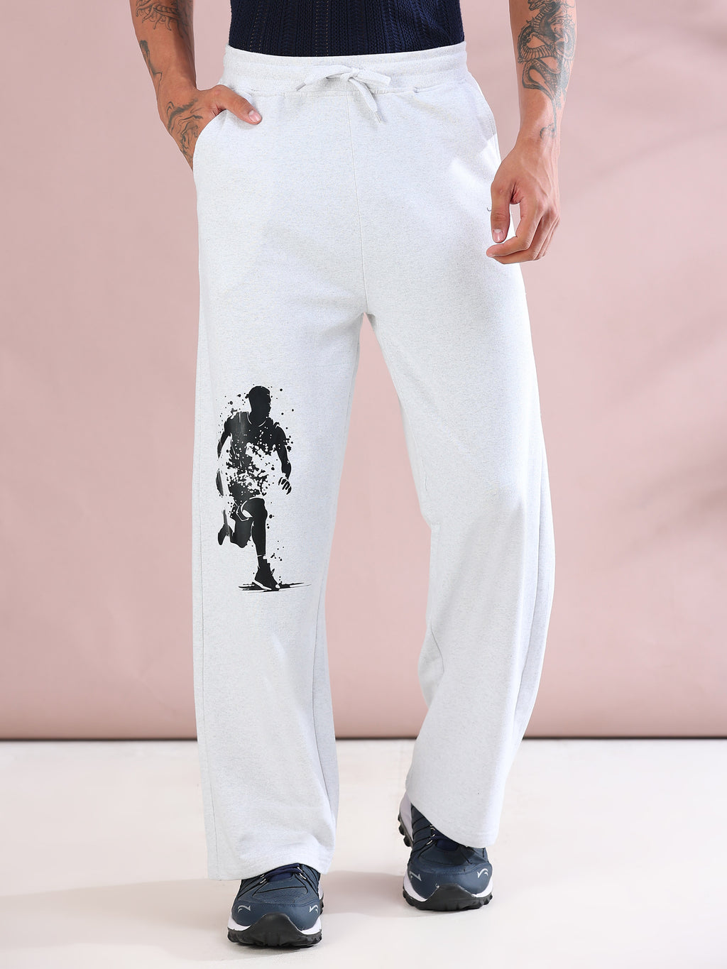 ARDEUR ZEAL IN YOU Mens White Melange Cotton Blend Basketball Printed Baggy Fit Track Pants