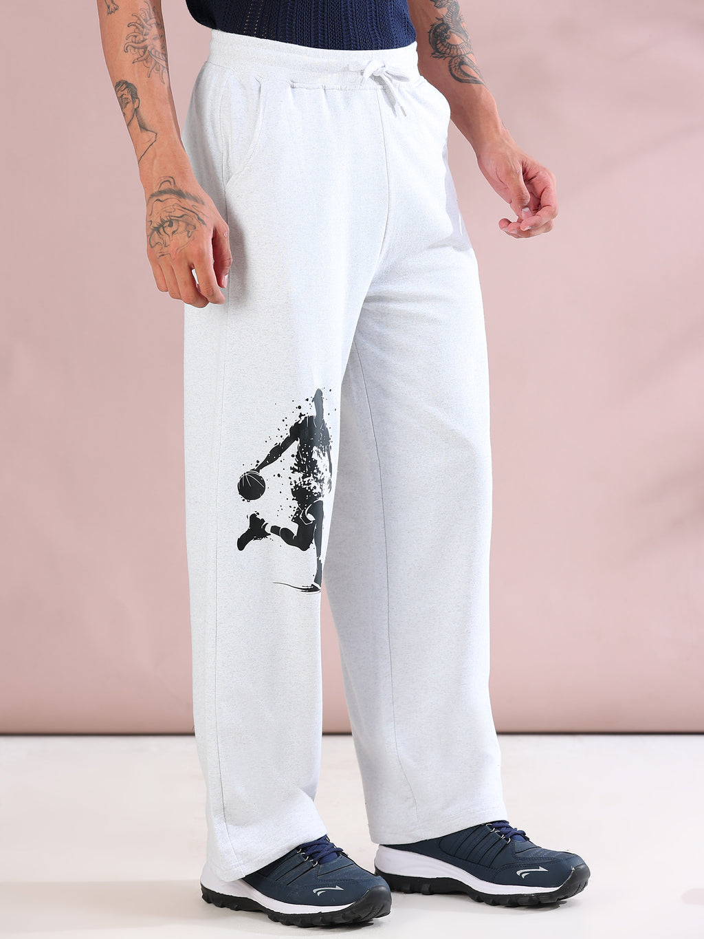 ARDEUR ZEAL IN YOU Mens White Melange Cotton Blend Basketball Printed Baggy Fit Track Pants