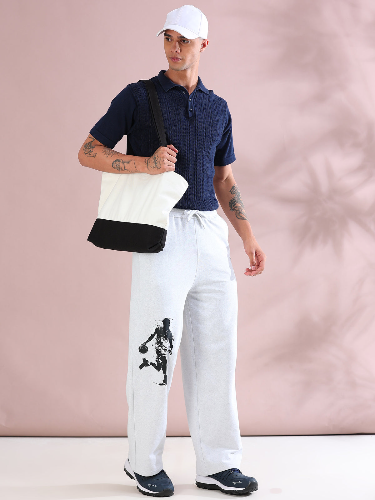 ARDEUR ZEAL IN YOU Mens White Melange Cotton Blend Basketball Printed Baggy Fit Track Pants