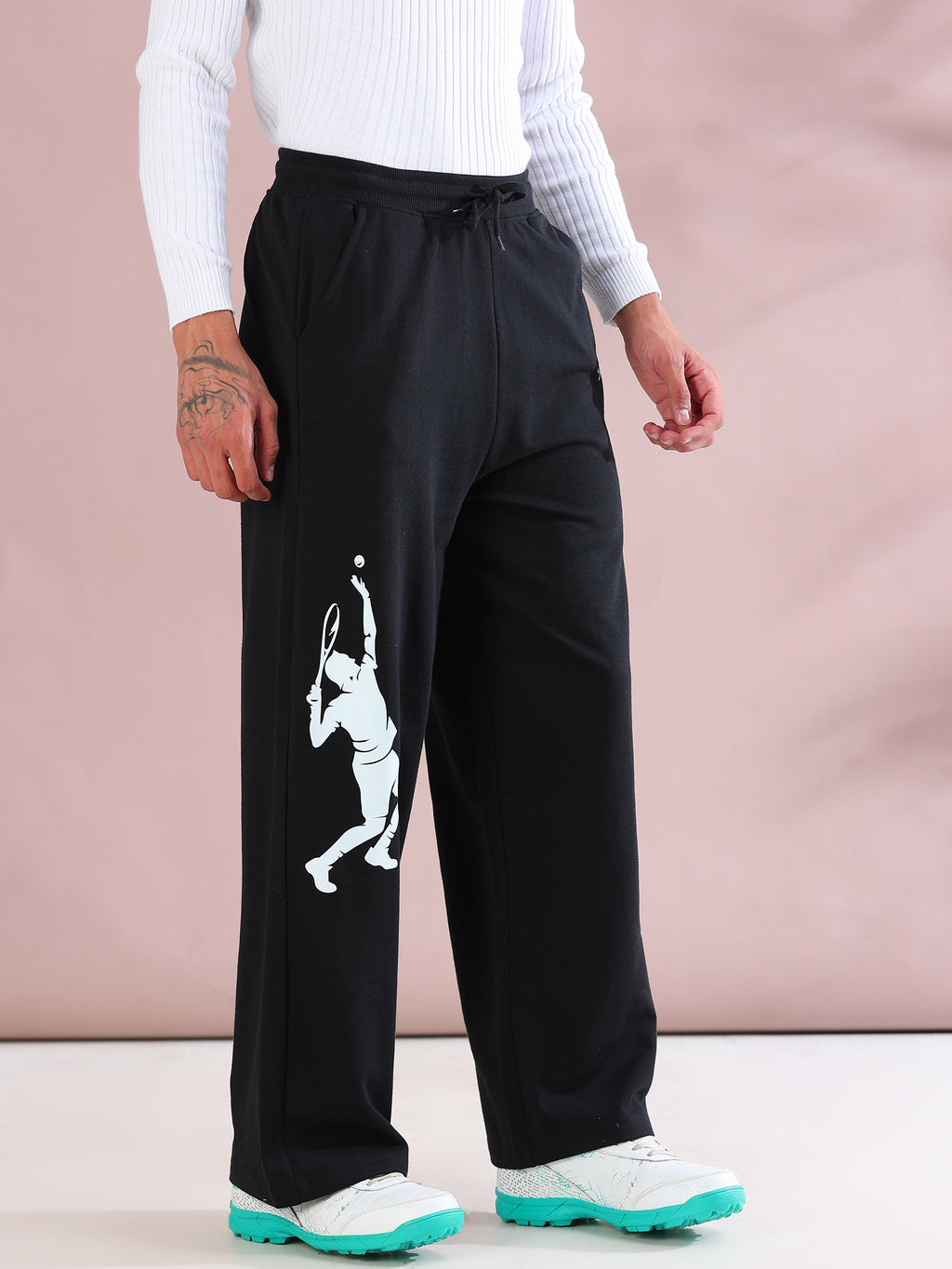 ARDEUR ZEAL IN YOU Mens Black Cotton Blend Tennis Printed Baggy Fit Track Pants