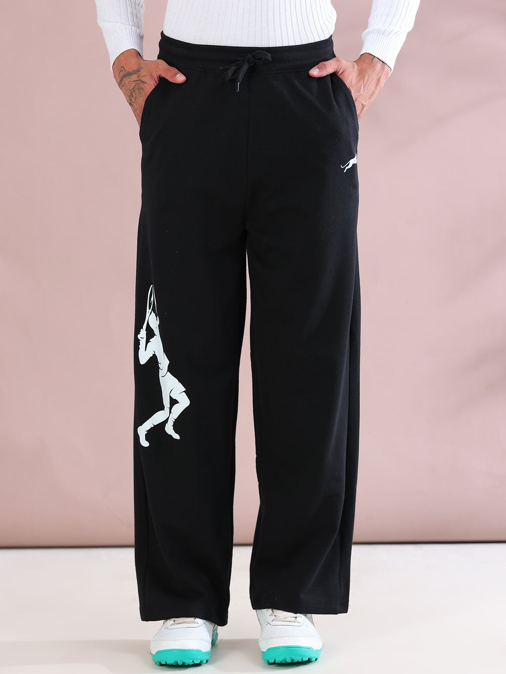 ARDEUR ZEAL IN YOU Mens Black Cotton Blend Tennis Printed Baggy Fit Track Pants