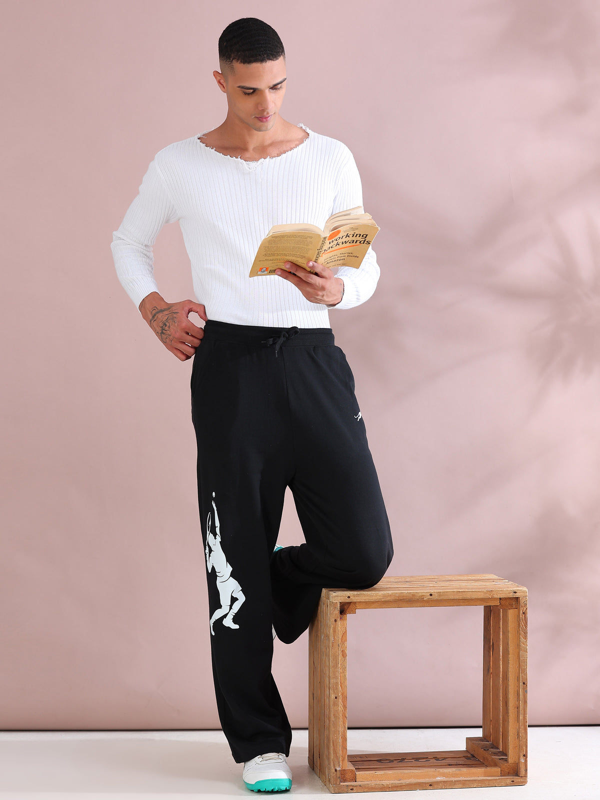 ARDEUR ZEAL IN YOU Mens Black Cotton Blend Tennis Printed Baggy Fit Track Pants
