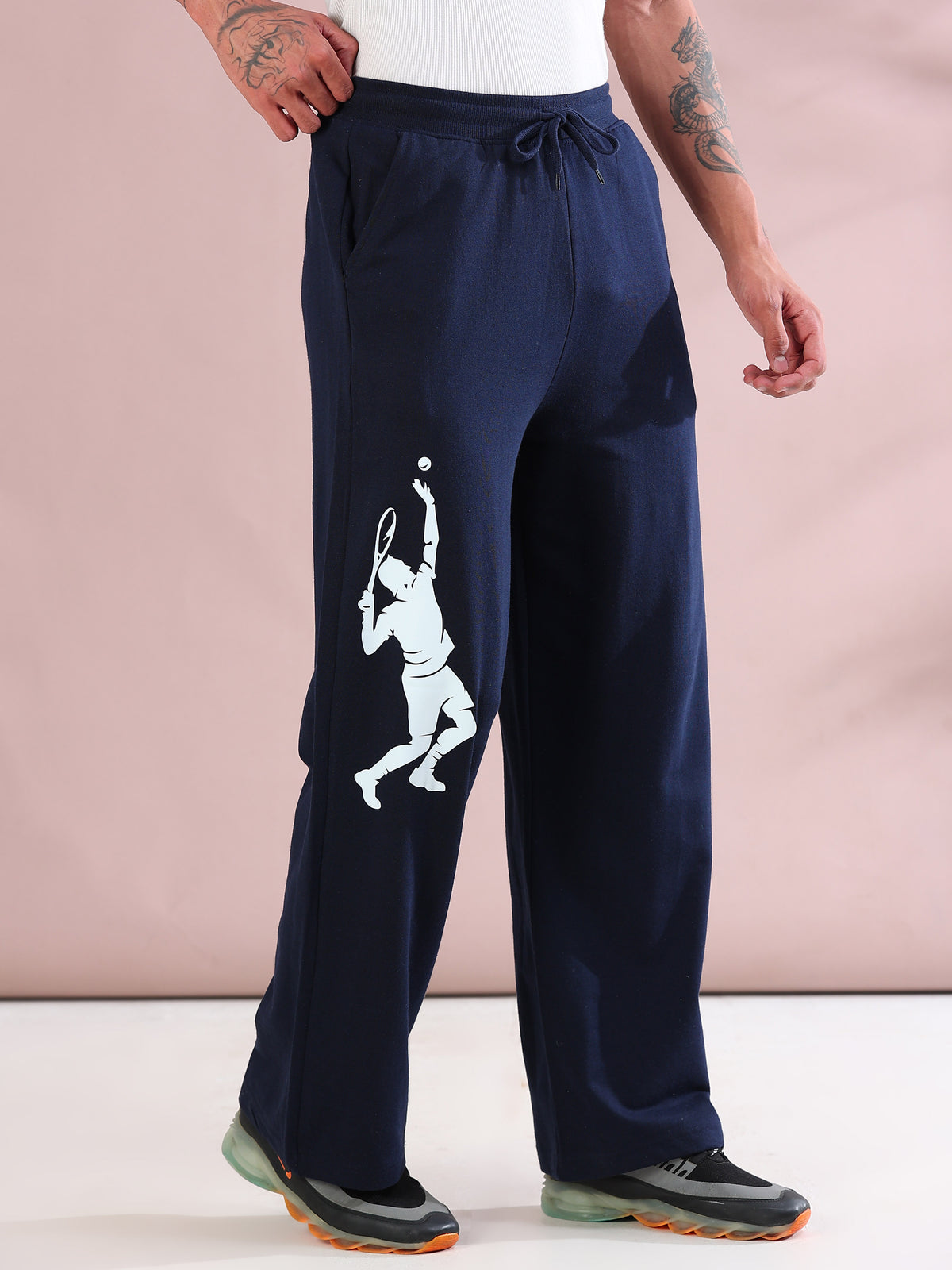 ARDEUR ZEAL IN YOU Mens Navy Cotton Blend Tennis Printed Baggy Fit Track Pants