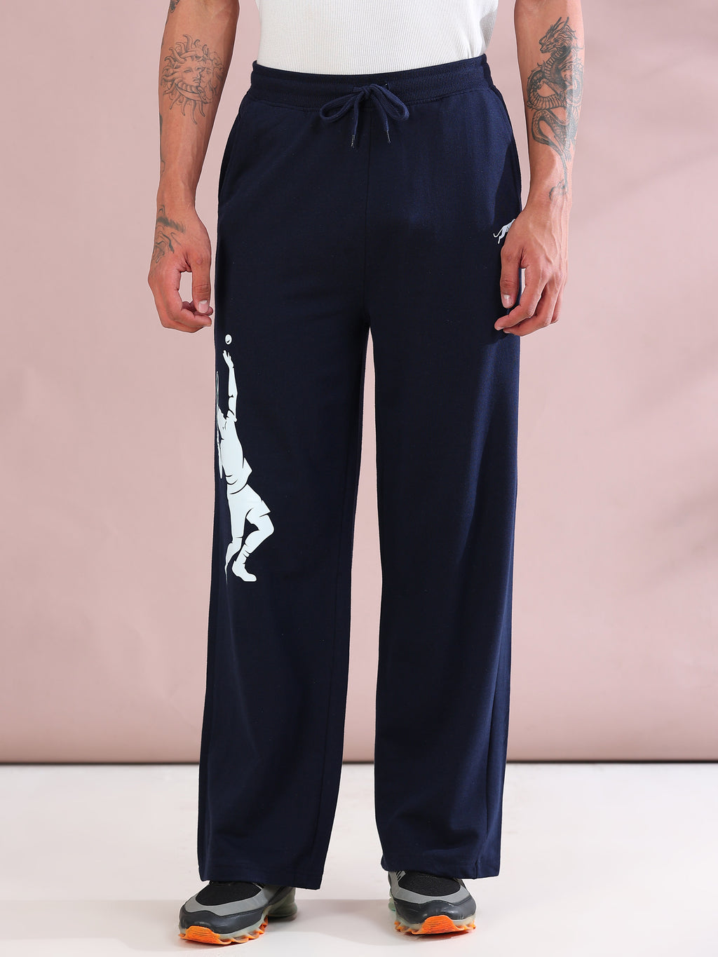 ARDEUR ZEAL IN YOU Mens Navy Cotton Blend Tennis Printed Baggy Fit Track Pants