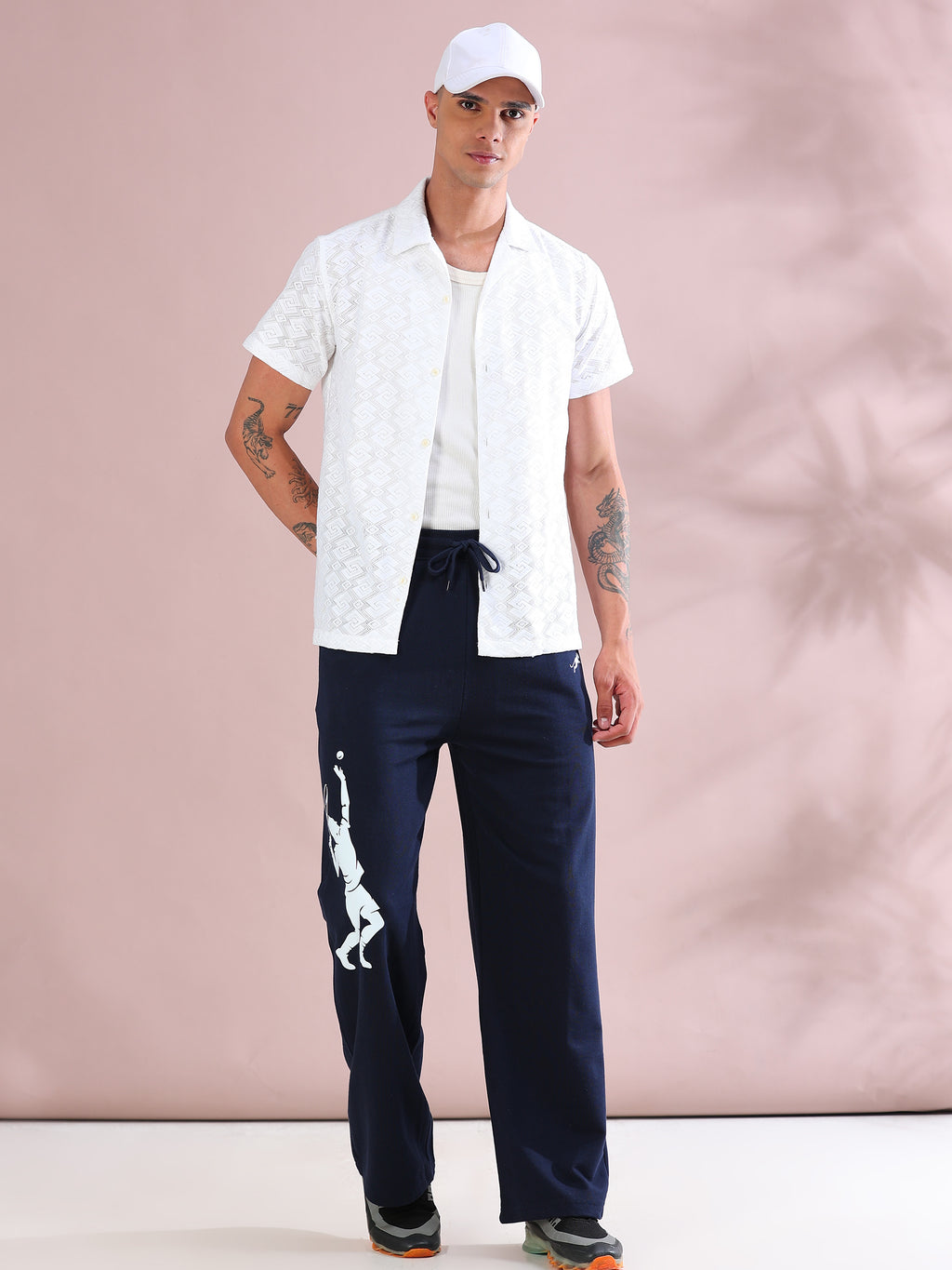 ARDEUR ZEAL IN YOU Mens Navy Cotton Blend Tennis Printed Baggy Fit Track Pants