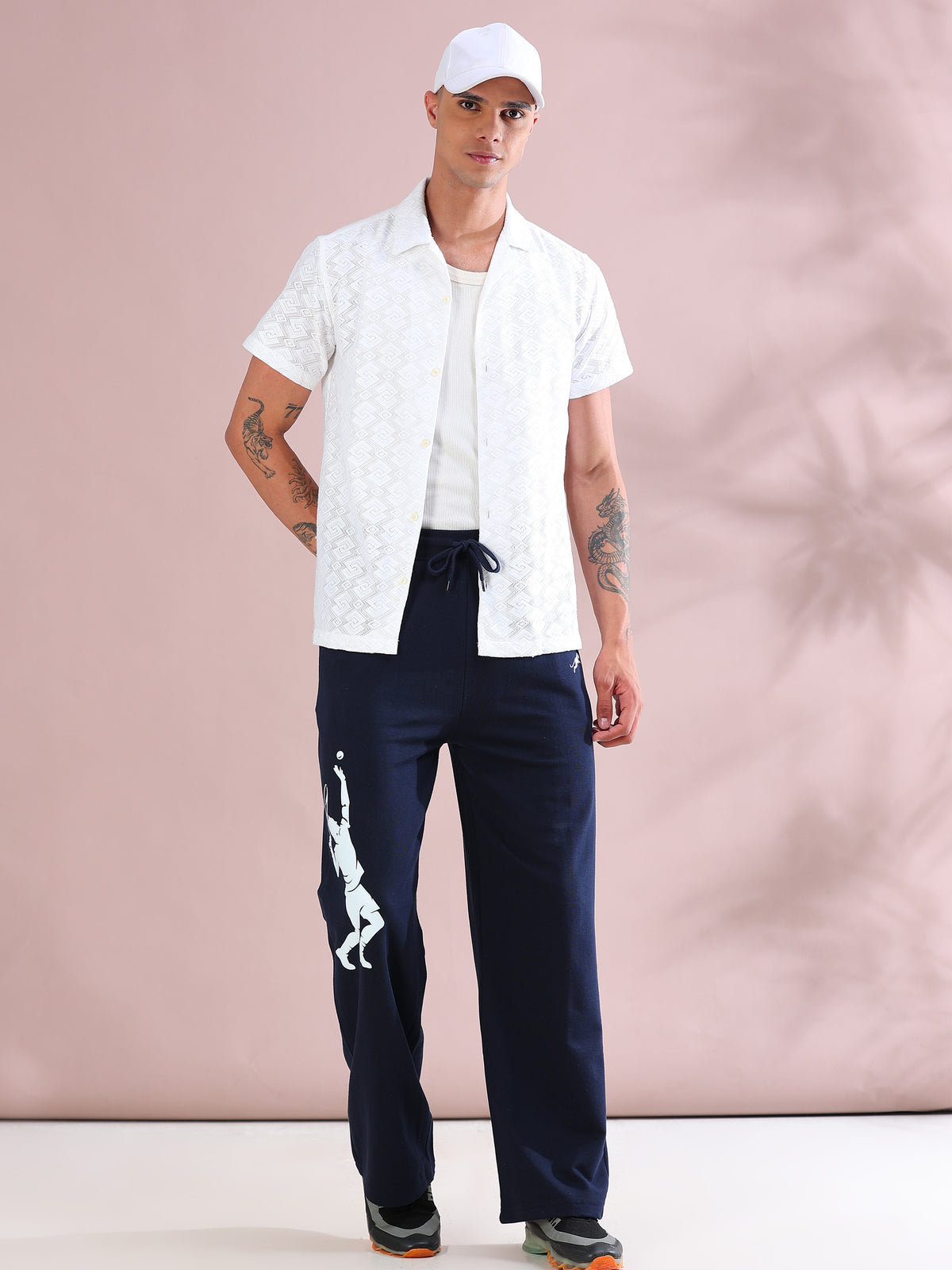 ARDEUR ZEAL IN YOU Mens Navy Cotton Blend Tennis Printed Baggy Fit Track Pants
