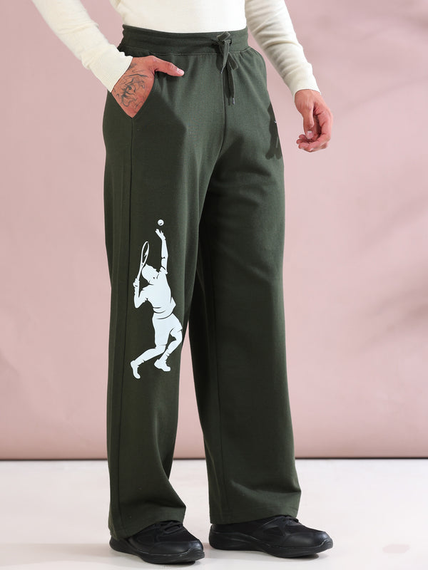 ARDEUR ZEAL IN YOU Mens Olive Cotton Blend Tennis Printed Baggy Fit Track Pants