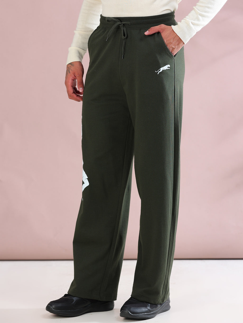ARDEUR ZEAL IN YOU Mens Olive Cotton Blend Tennis Printed Baggy Fit Track Pants