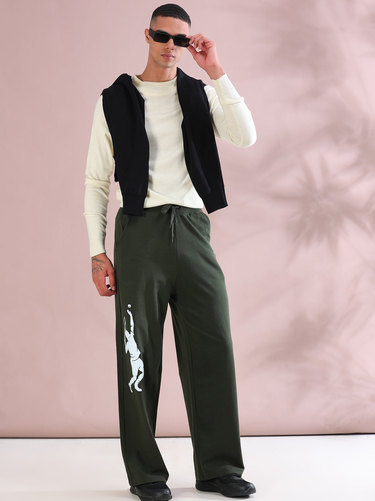 ARDEUR ZEAL IN YOU Mens Olive Cotton Blend Tennis Printed Baggy Fit Track Pants