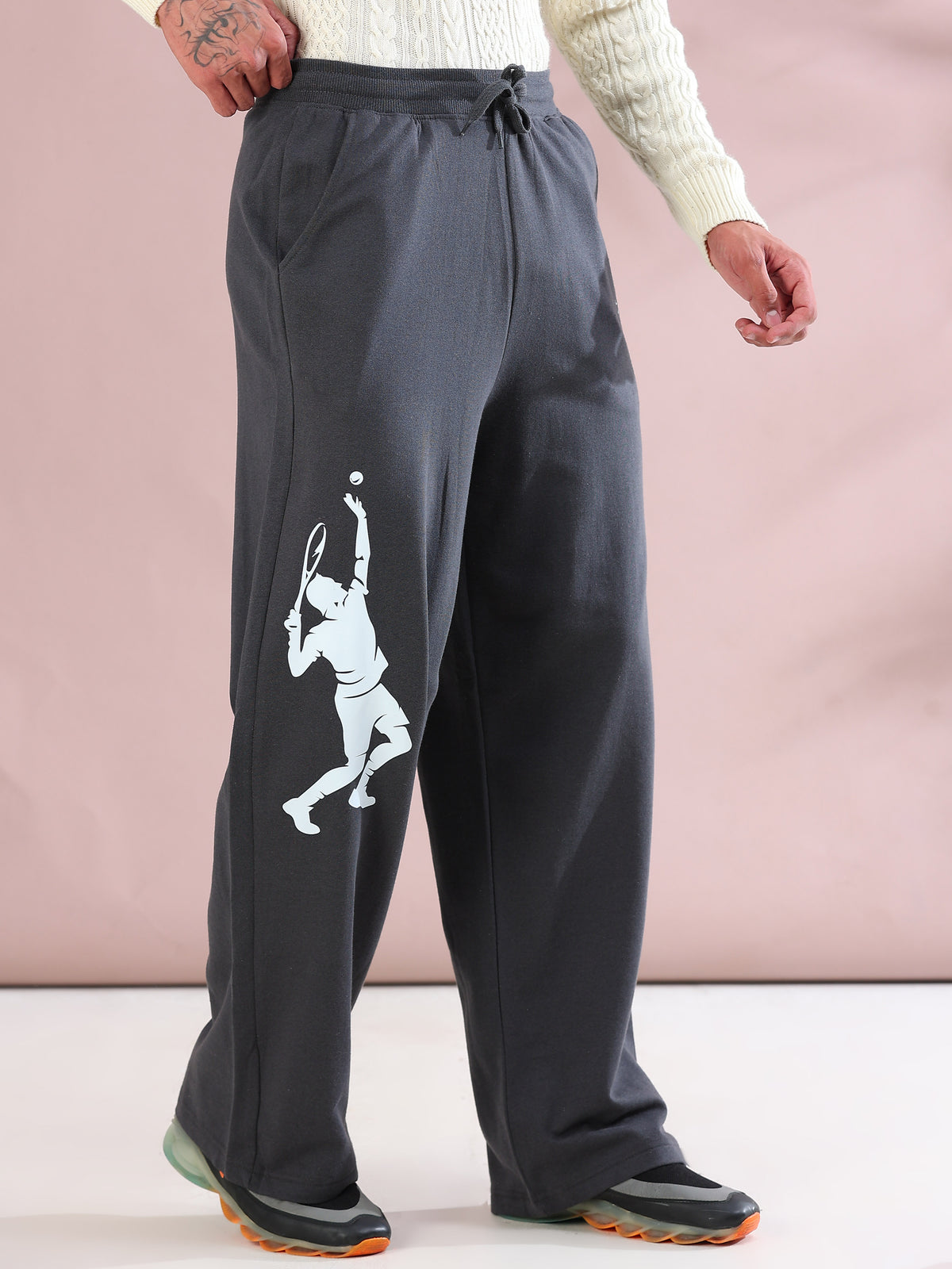 ARDEUR ZEAL IN YOU Mens Steel Grey Cotton Blend Tennis Printed Baggy Fit Track Pants