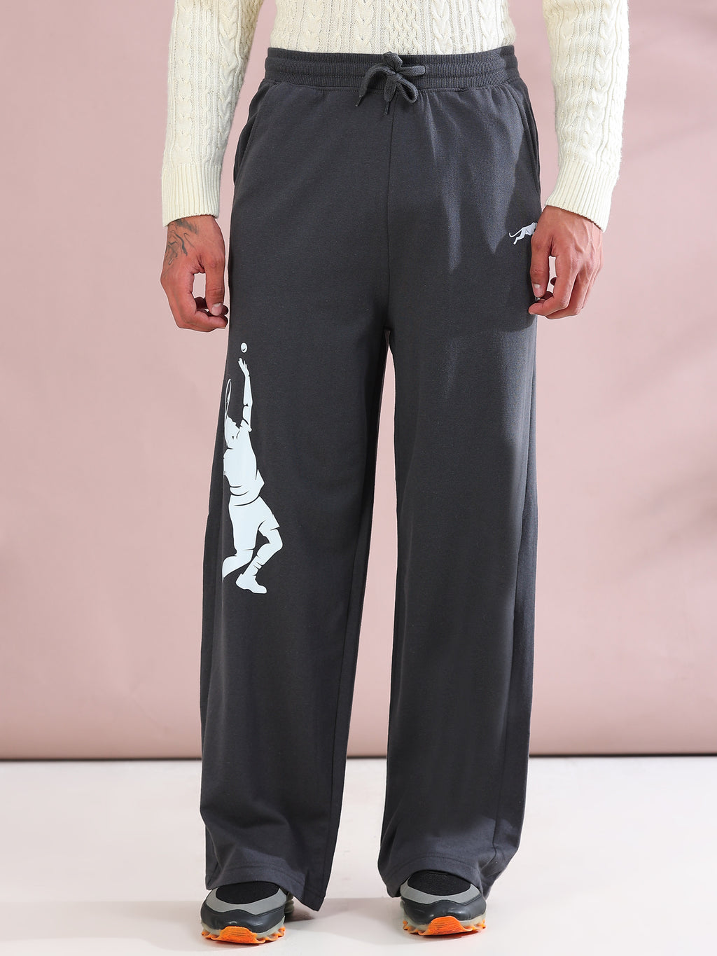 ARDEUR ZEAL IN YOU Mens Steel Grey Cotton Blend Tennis Printed Baggy Fit Track Pants