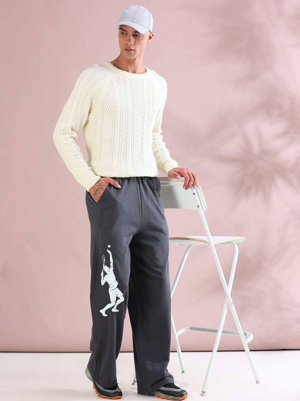 ARDEUR ZEAL IN YOU Mens Steel Grey Cotton Blend Tennis Printed Baggy Fit Track Pants