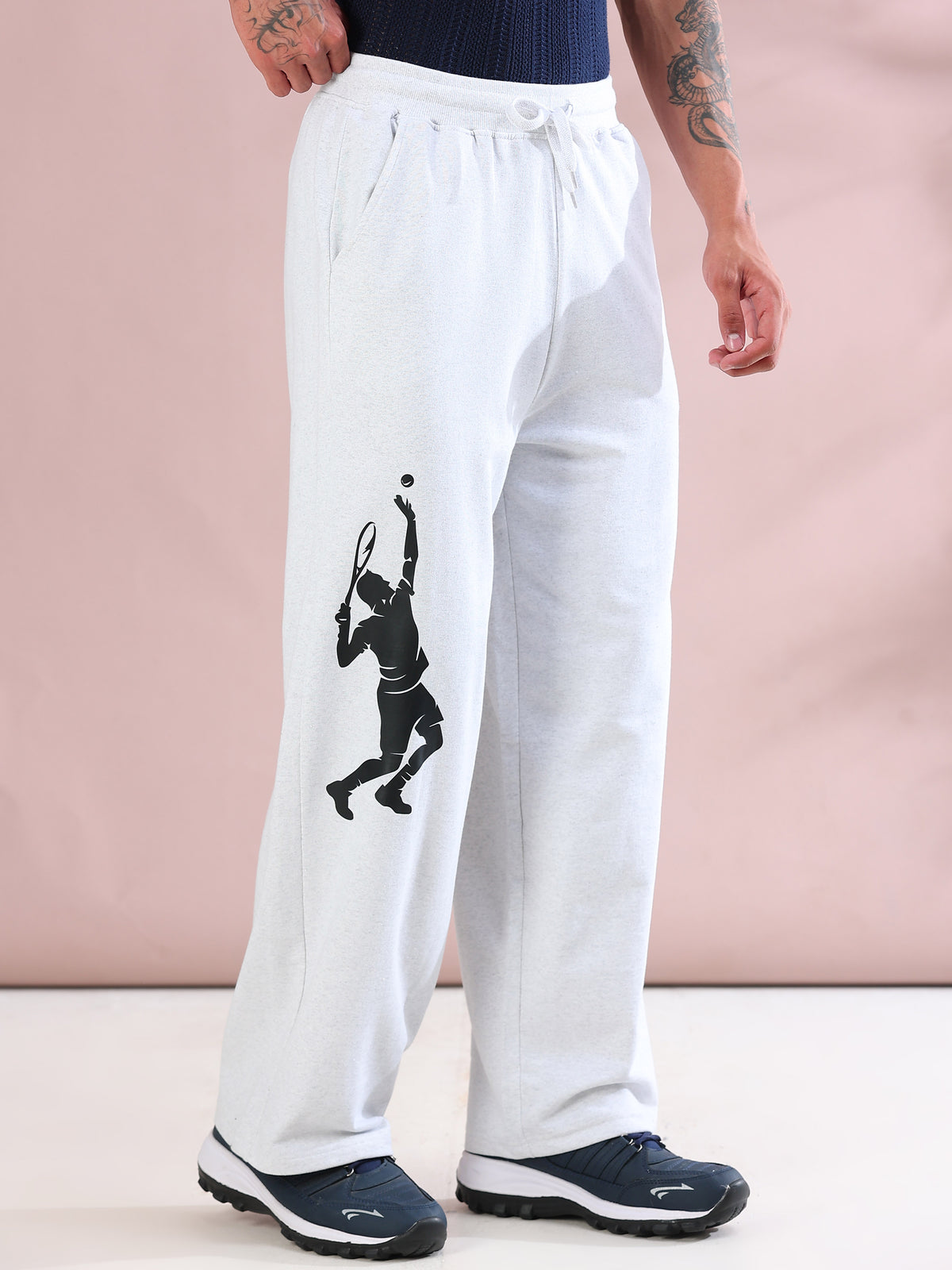 ARDEUR ZEAL IN YOU Mens White Melange Cotton Blend Tennis Printed Baggy Fit Track Pants
