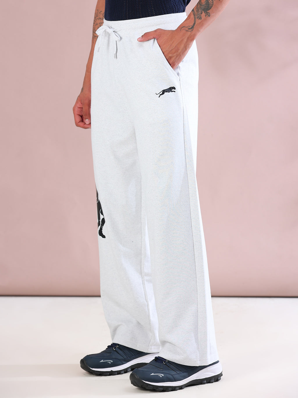ARDEUR ZEAL IN YOU Mens White Melange Cotton Blend Tennis Printed Baggy Fit Track Pants
