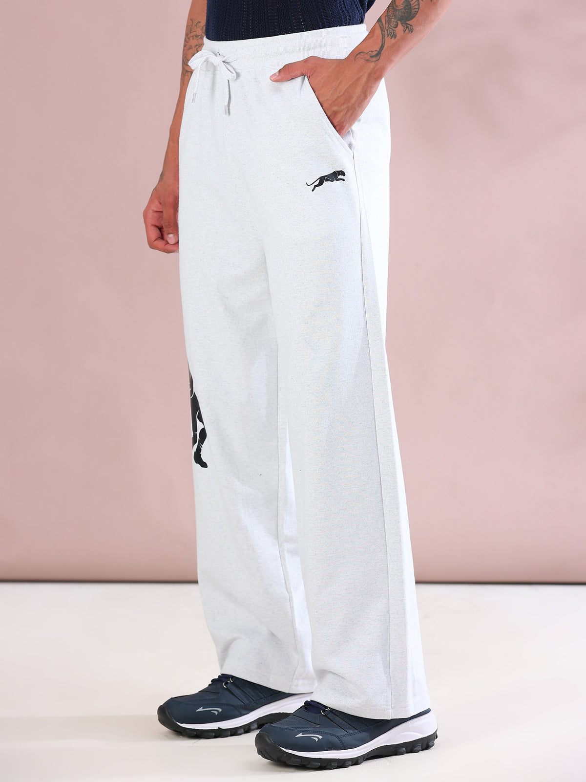 ARDEUR ZEAL IN YOU Mens White Melange Cotton Blend Tennis Printed Baggy Fit Track Pants