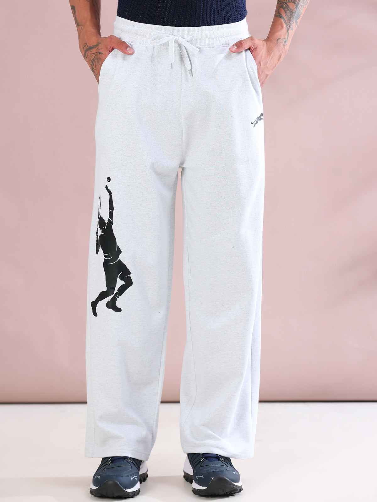 ARDEUR ZEAL IN YOU Mens White Melange Cotton Blend Tennis Printed Baggy Fit Track Pants