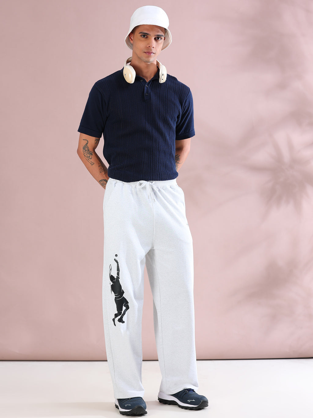 ARDEUR ZEAL IN YOU Mens White Melange Cotton Blend Tennis Printed Baggy Fit Track Pants