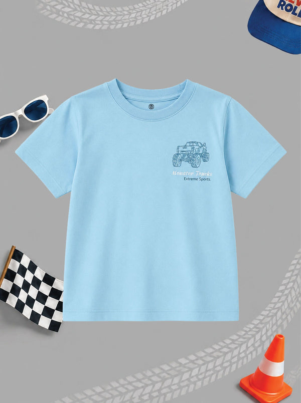 CODEZ Boys Powder Blue Pure Cotton Extreme Sports Monster Truck Graphic Relaxed Fit T-Shirt