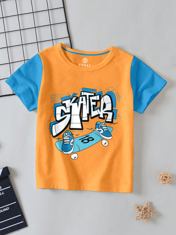 CODEZ Boys Light Orange Round Neck Printed Tshirts
