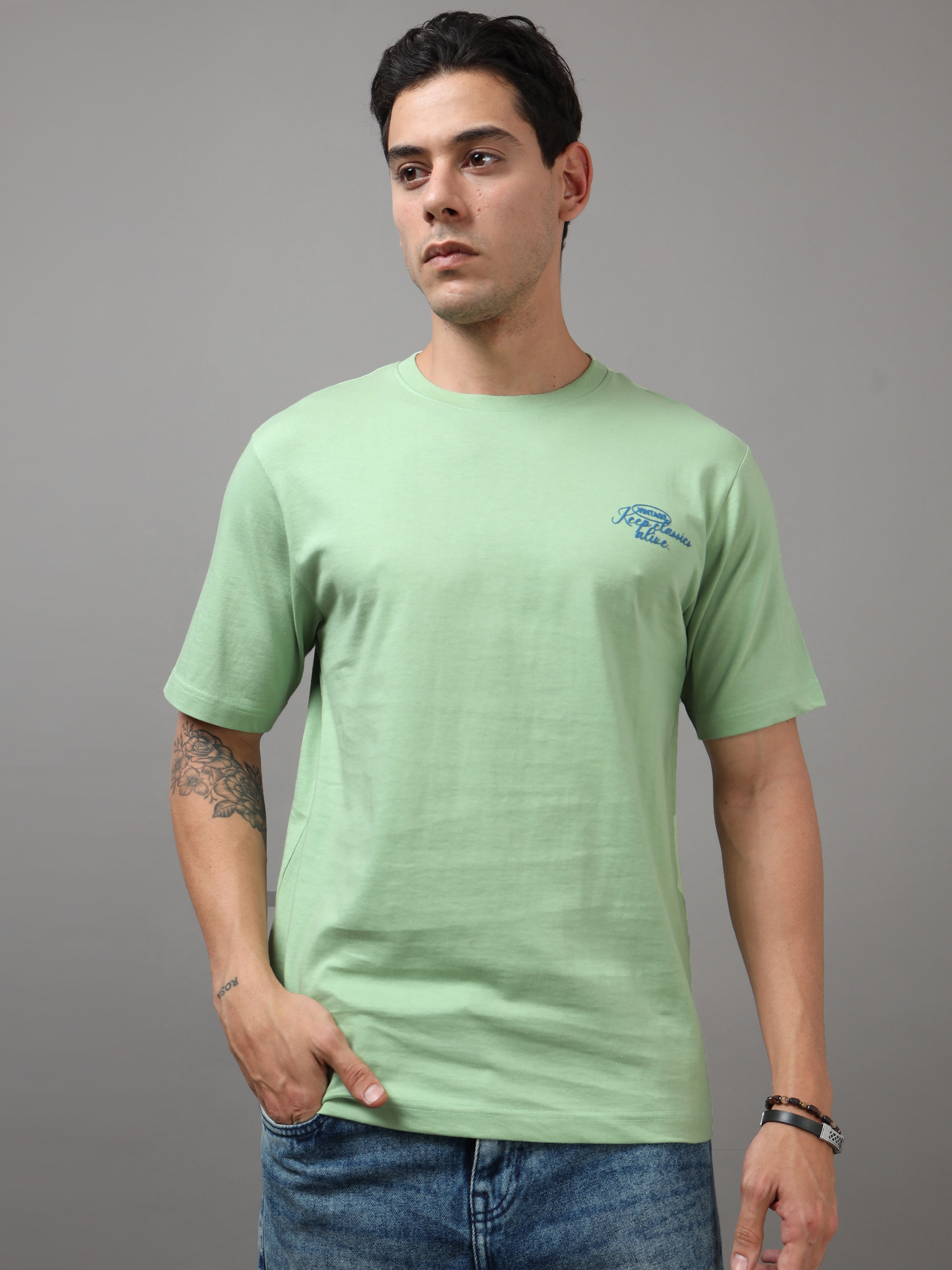 ARDEUR Men Graphic Printed Relaxed Fit Drop Shoulder T-Shirt - Light Green