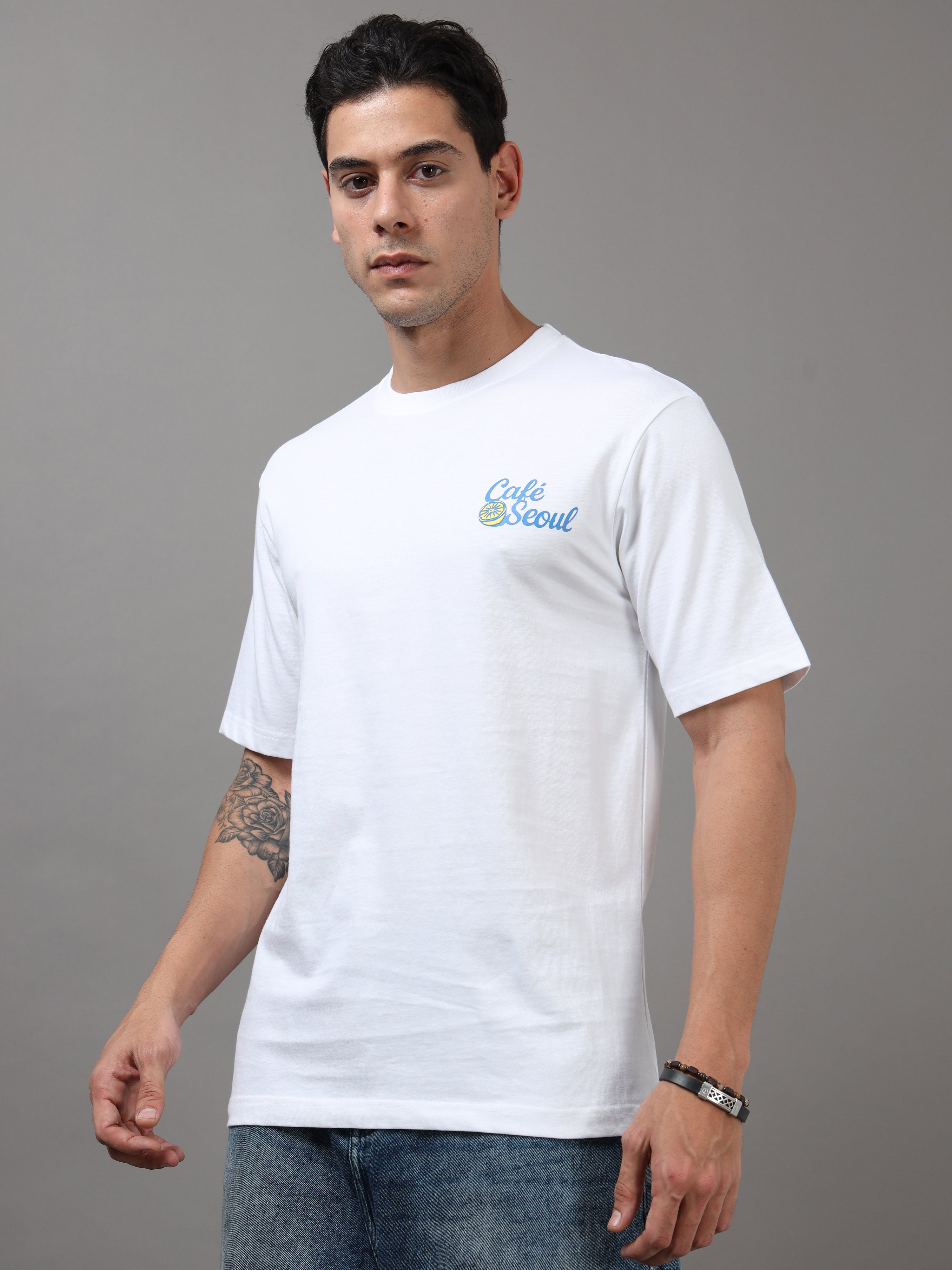 ARDEUR Men Printed Relaxed Fit Drop Shoulder T-Shirt - White