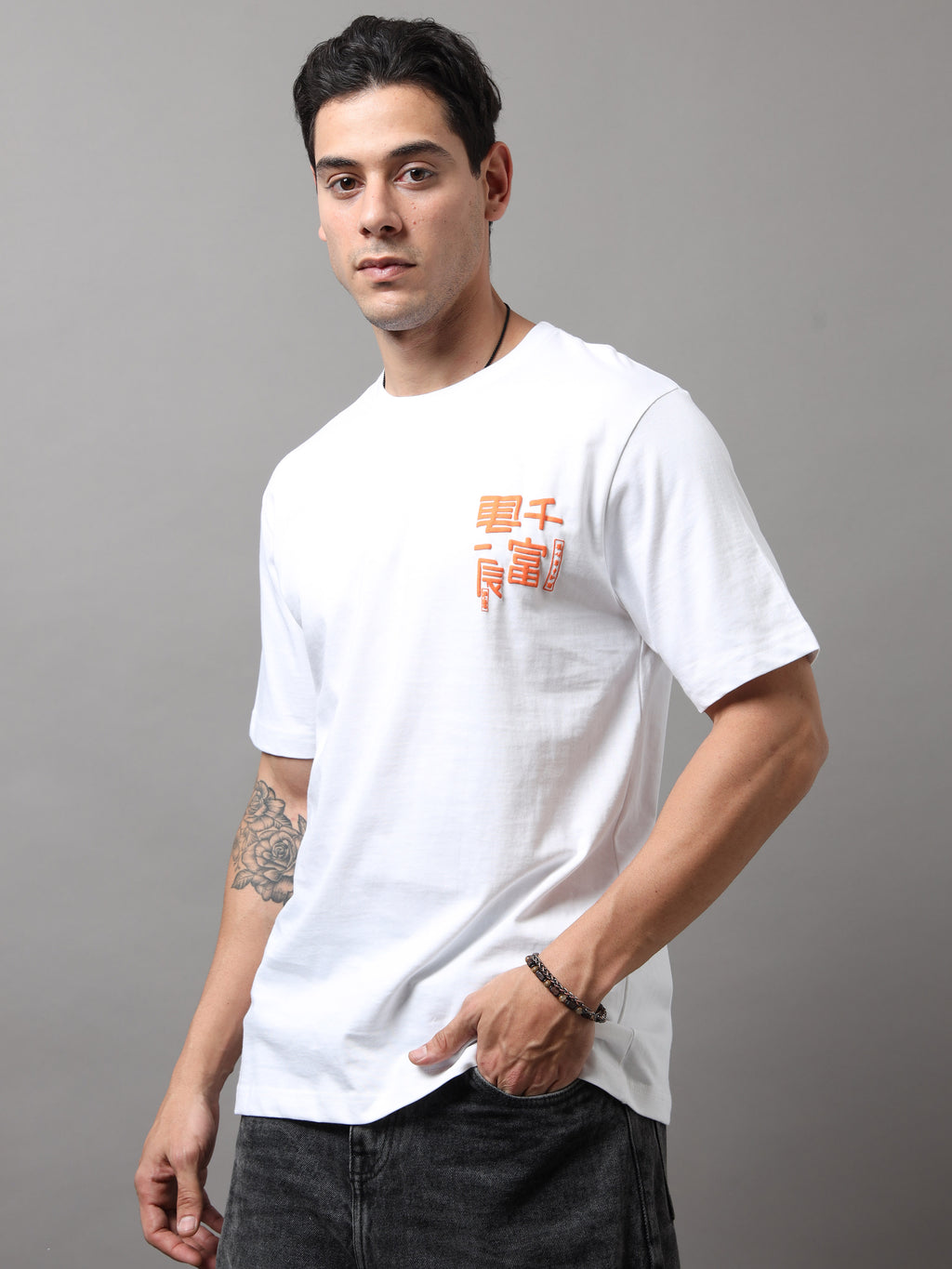 ARDEUR Men Graphic Printed Relaxed Fit Drop Shoulder T-Shirt - White