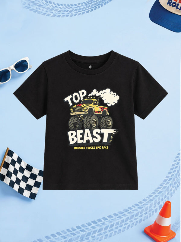 CODEZ Boys Black Pure Cotton Top Beast Monster Truck Graphic Relaxed Fit T-Shirt