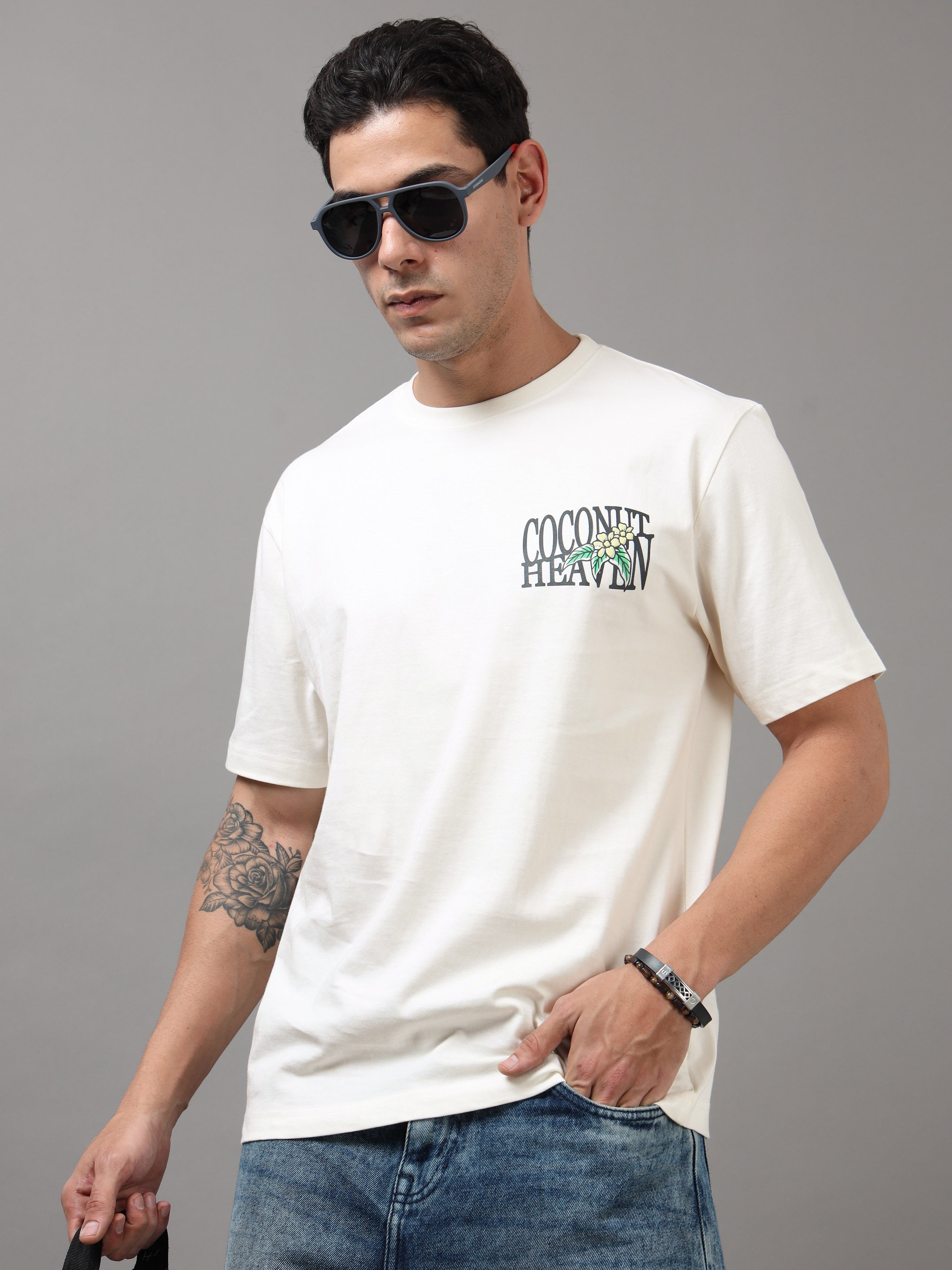 ARDEUR Men Printed Relaxed Fit Drop Shoulder T-Shirt - Off White
