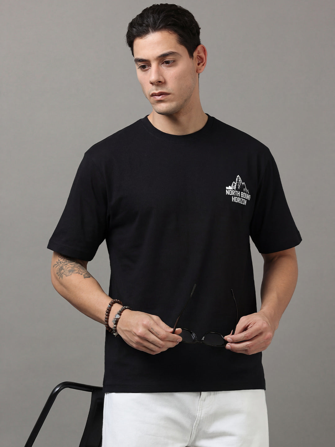 ARDEUR Men Printed Relaxed Fit Drop Shoulder T-Shirt - Black-2