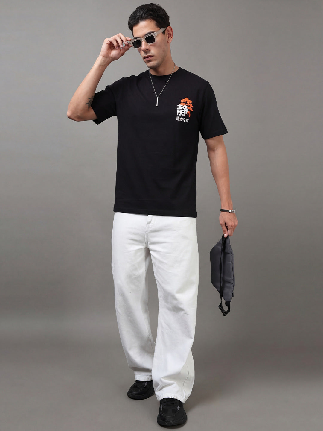 ARDEUR Men Printed Relaxed Fit Drop Shoulder T-Shirt - Black