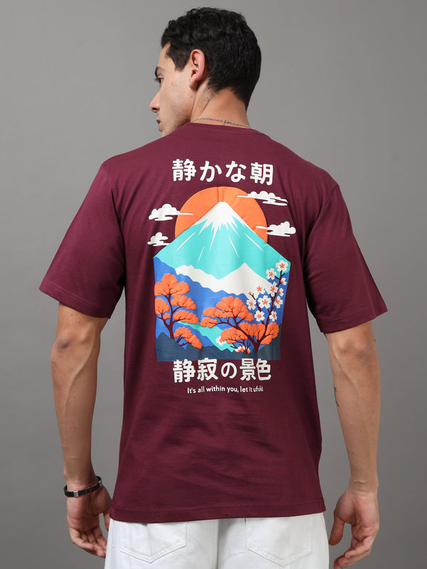 ARDEUR Men Printed Relaxed Fit Drop Shoulder T-Shirt - Maroon