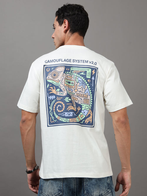 men's oversized t-shirt - ARDEUR Men Graphic Printed Relaxed Fit Drop Shoulder T-Shirt - Off White, close-up view